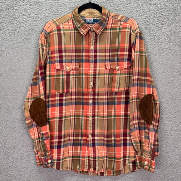 Polo by Ralph Lauren Other - VTG Polo Ralph Lauren Shirt Mens XL Orange Brown Plaid Flannel Elbow Patches 90s